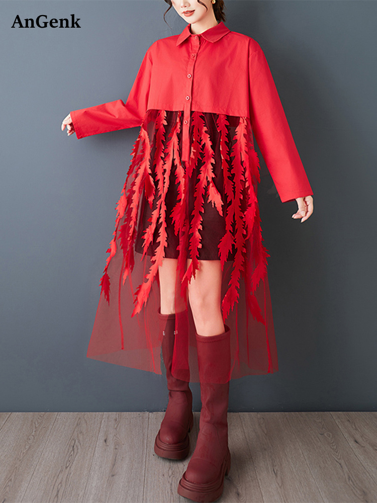 Women'S Red Formal Wear - メッシュパッチワークレッドヴィンテージシャツワンピース レディース 新作 長袖 ルーズ カジュアル