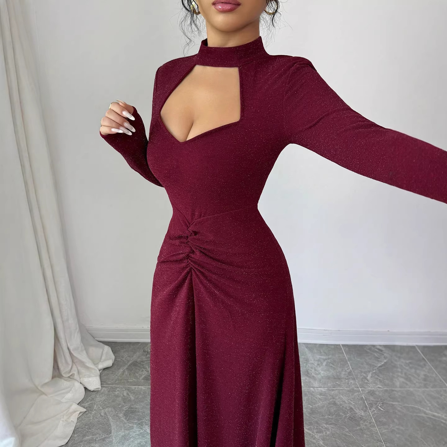 Midi Dress - 20256 春のセクシーなフィットミディドレス プリーツ入りスリムフィット無地デザイン パーティー＆ナイトクラブウェア カジュアルな普段着