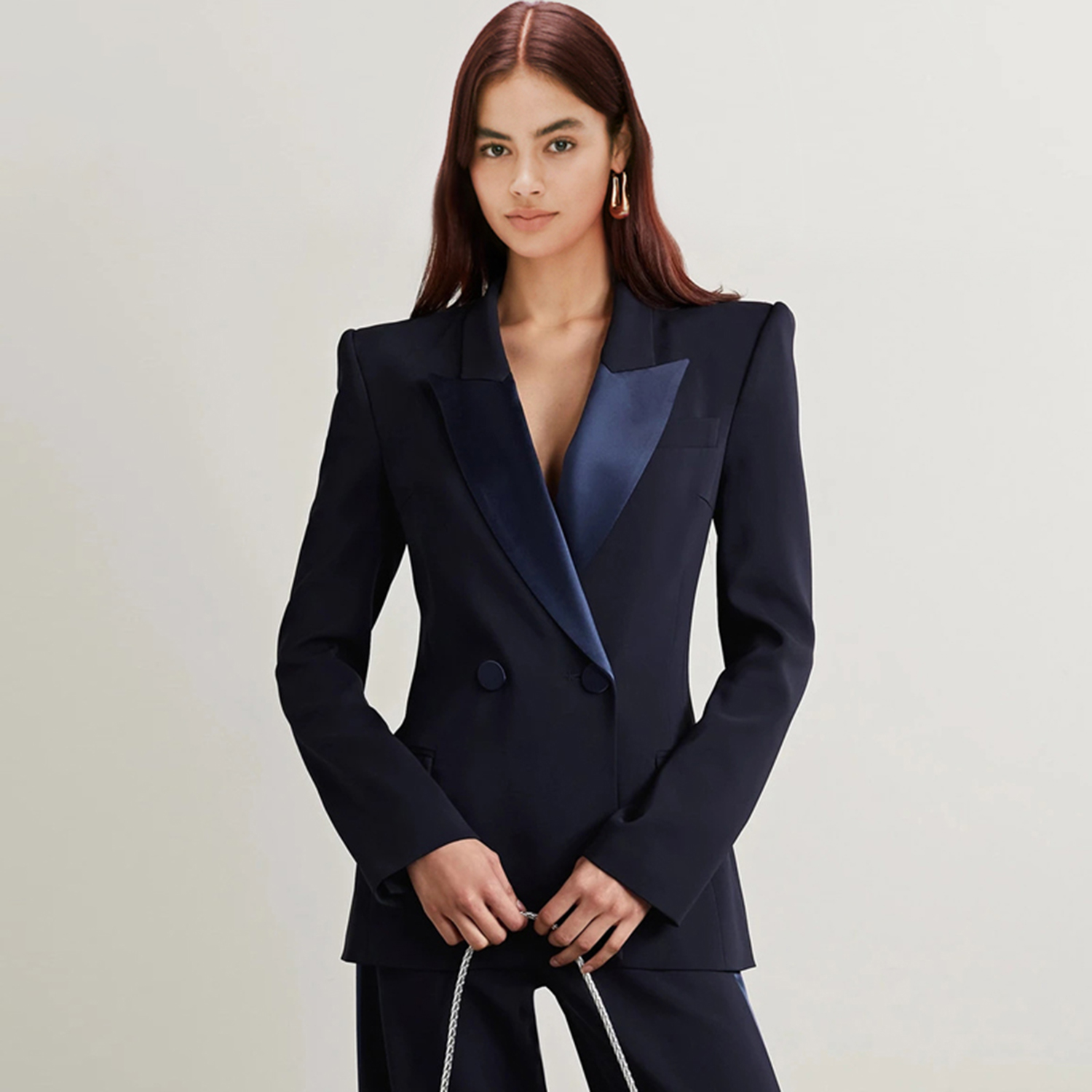 Womens Blazer - アリンジェントル ディープブルー ラペル レディース ツーピースセット ビジネススーツ