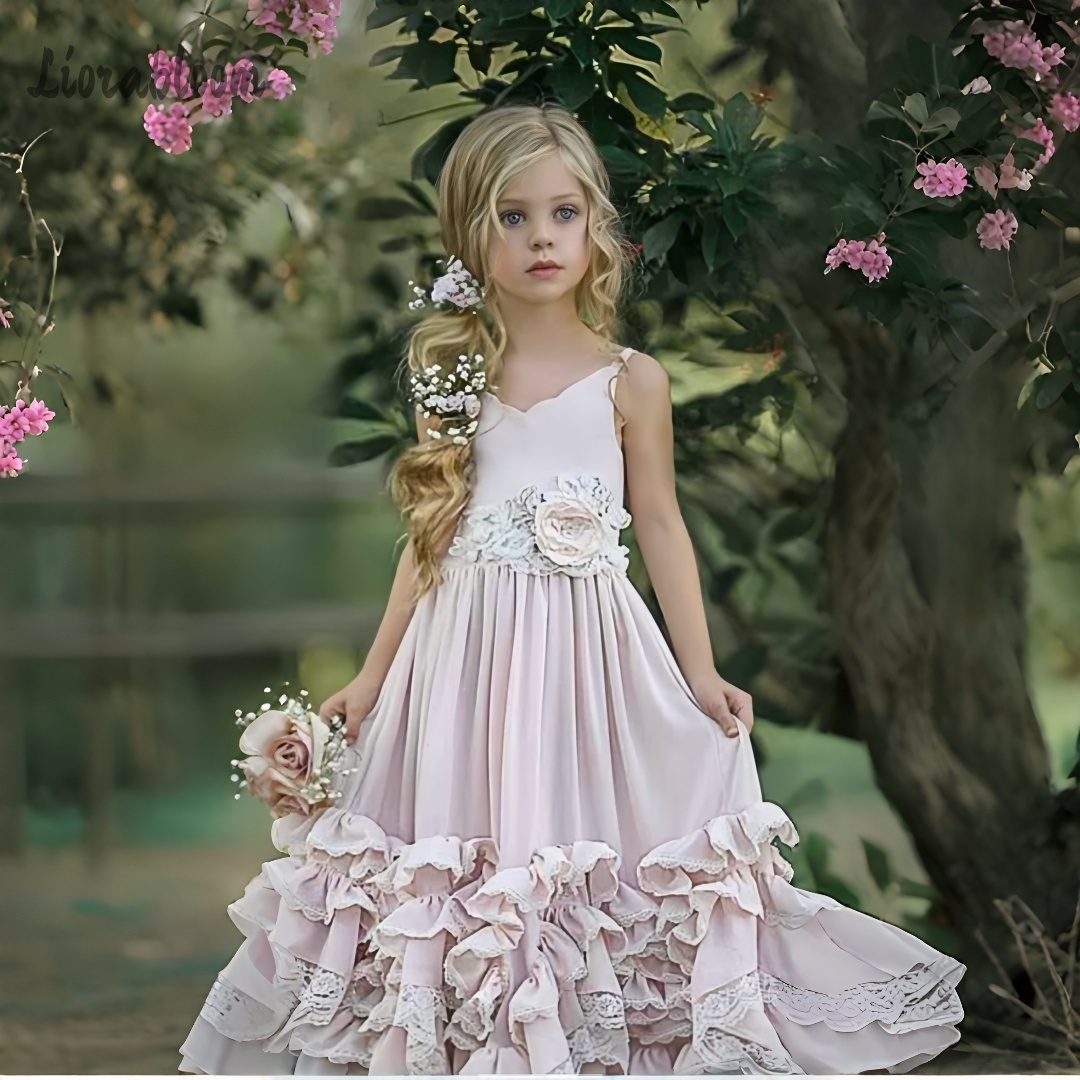 Formal Skirt - 女の子用ホルターネックディープVネックドレスカスタムフラワーガールガウンレーストリムフルスカートドレスウェディングパーティーアタイア свадебное платье