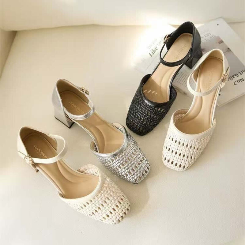 Formal Dress - 女性用ファッション織り込み中空チャンキーヒールサンダル、快適なラウンドトゥバックル、夏用ヒール、エレガントなオフィスブランドフォーマルシューズパンプス