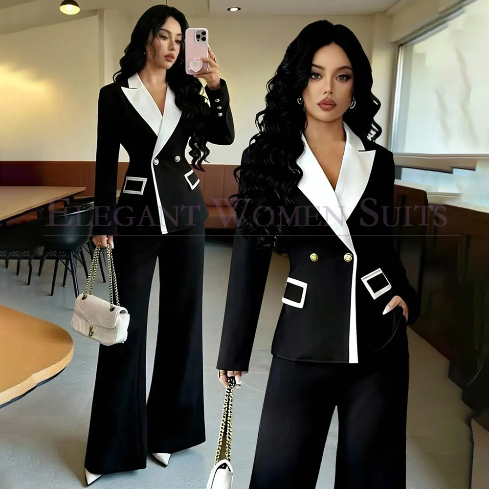 Womens Blazer - 高級ブラックレディーススーツ2ピースジャケットパンツセットオーダーメイドオフィスレディブレザーダブルブレストホワイトピークドラペルアウター