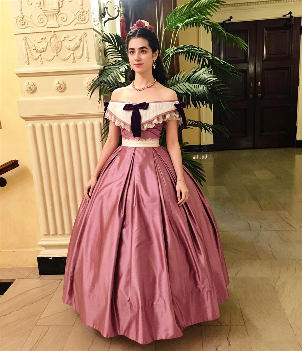 Evening Gown - レトロなビクトリア朝の貴婦人風ドレス、オフショルダー、ダスティピンクのサテンフルスカート、ダークパープルのレースリボン付きコスプレイブニングドレス