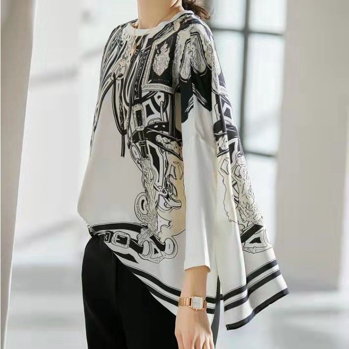 Silk Blouse - 女性用ドレープ効果のあるシルクトップ、レトロなプリントのルーズサテンシフォンシャツ、シミュレートされたバットスリーブ、ブランド