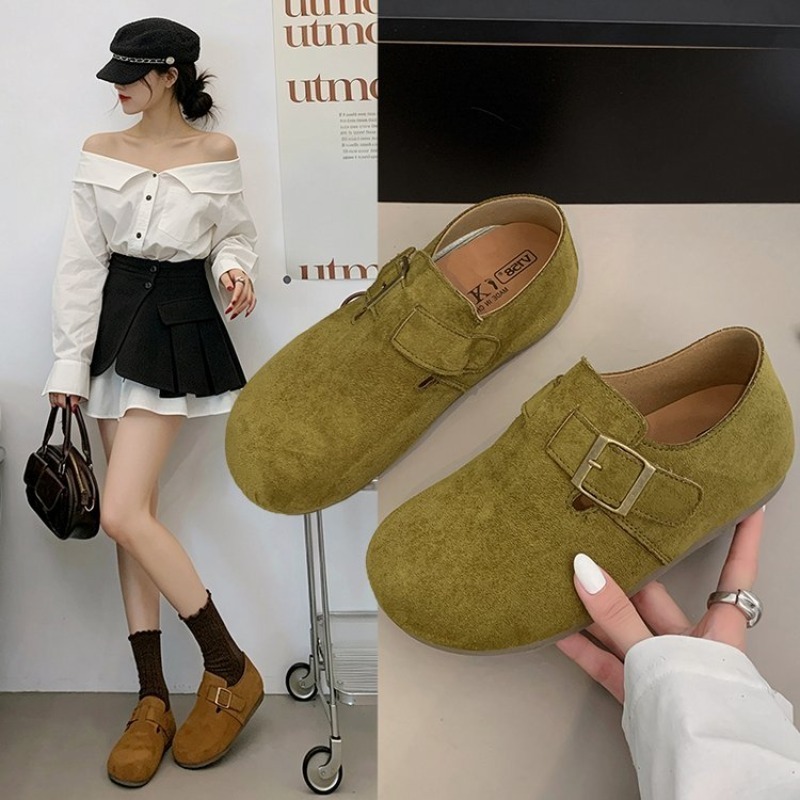 Womens Heels - レディース スエード クローズドバック ビルケンシューズ スクエアメタルバックル ラウンドトゥ