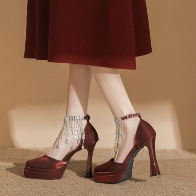 Pump Heel Block - 女性用ノットタイアードフィート メリージェーン ブライダルシューズ スクエアトゥ ブロックヒール プラットフォーム