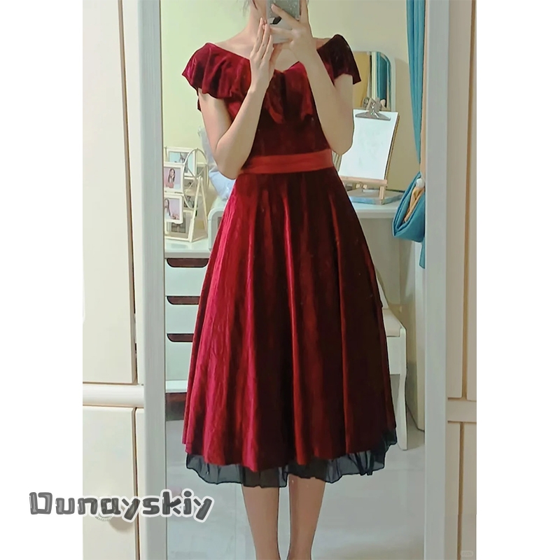 Evening Gown - CR7.27*ラブアンドディープスペース バーニングワインアッシュ シャドウコスプレ レッド ワンショルダー ベルベット