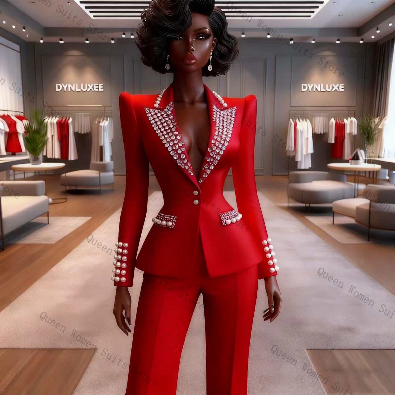 真珠レッド女性スーツパンツセット 2 個ブレザー + ズボン - Women'S Red Formal Wear のレビューと価格