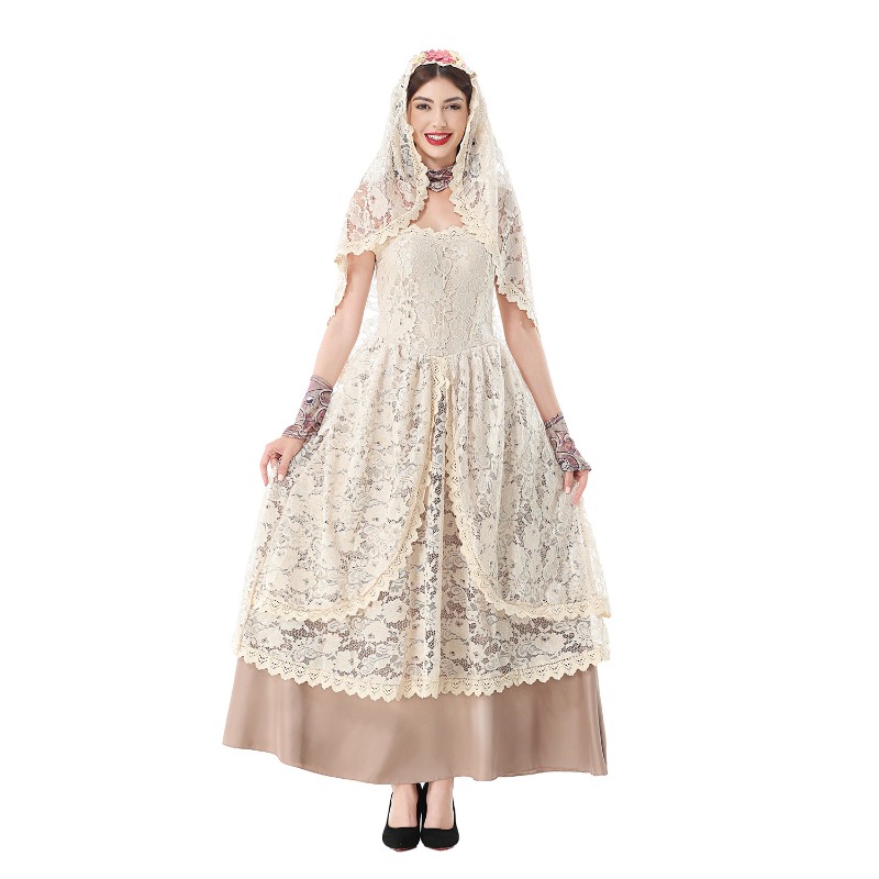 レースのベールが付いた、ストラップレスのフローラル柄ロングガ - Lace Dress のレビューと価格