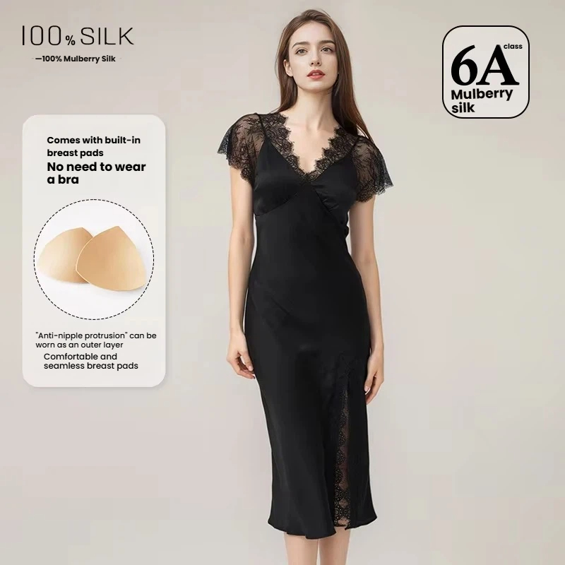 女性用セクシーレースシルクナイトドレス 19匁マルベリーシル - Lace Dress のレビューと価格