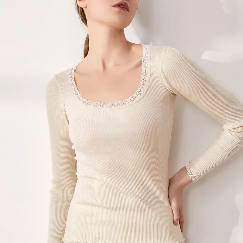 女性用長袖シャツ,暖かい下着,ラウンドネック,レースエッジ, - Silk Blouse のレビューと価格