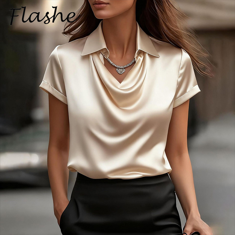 オールマッチサテンシャツ女性とブラウス女性ファッション半袖シ - Silk Blouse のレビューと価格